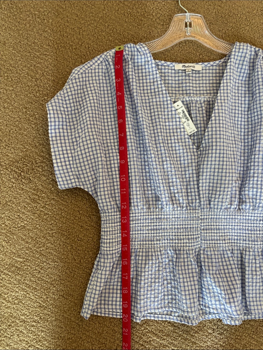 Madewell Light Blue Gingham Smocked Peplum Top - Picture 4 of 8